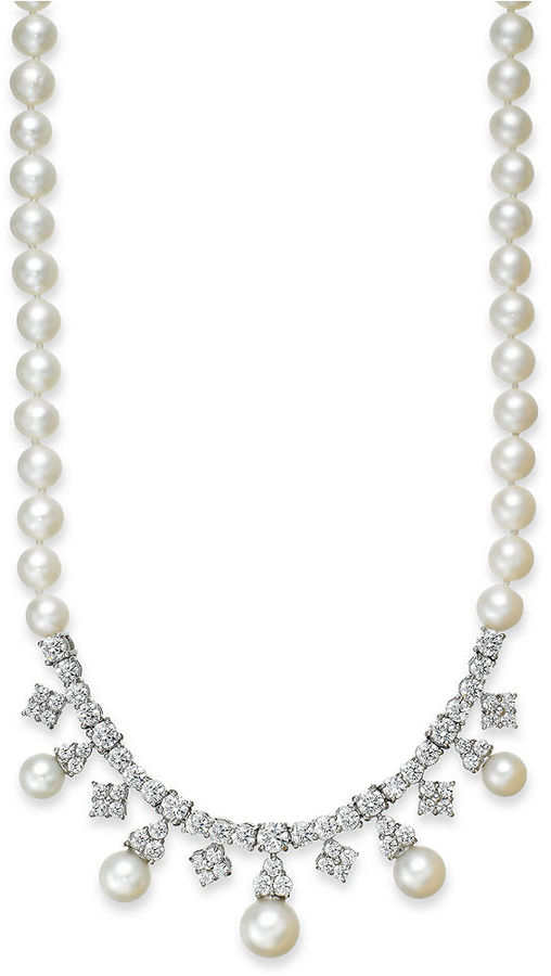 Hochzeit - Arabella Bridal Cultured Freshwater Pearl (6mm) and Swarovski Zirconia (8-3/4 ct. t.w.) Necklace in Sterling Silver