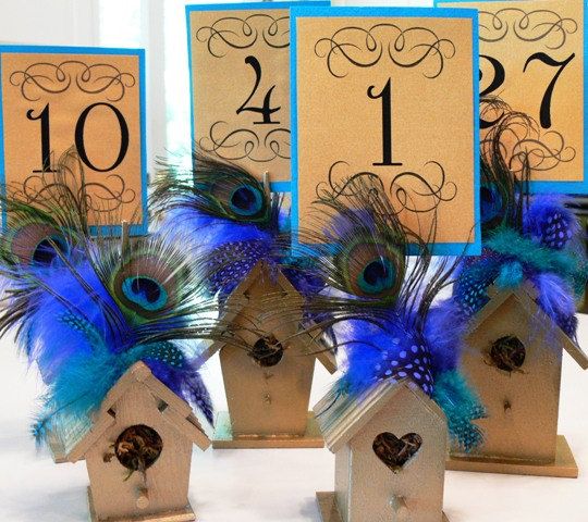 Свадьба - Table Number Holders Wooden Birdhouse With Choice Of Colors, Flowers, Peacock, And Coordinating Feathers
