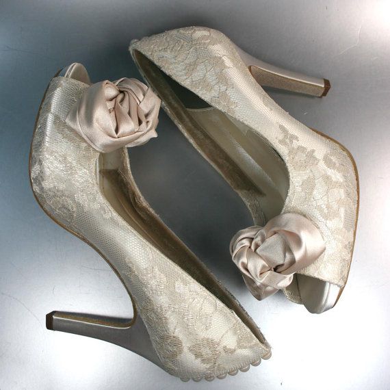 زفاف - Wedding Shoes - Ivory Wedding Shoes Peep Toes With Lace Overlay, Blush Bow And Pearl Details