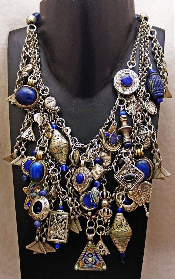 Wedding - Vintage Travel Memories Necklace - Silver & Blue
