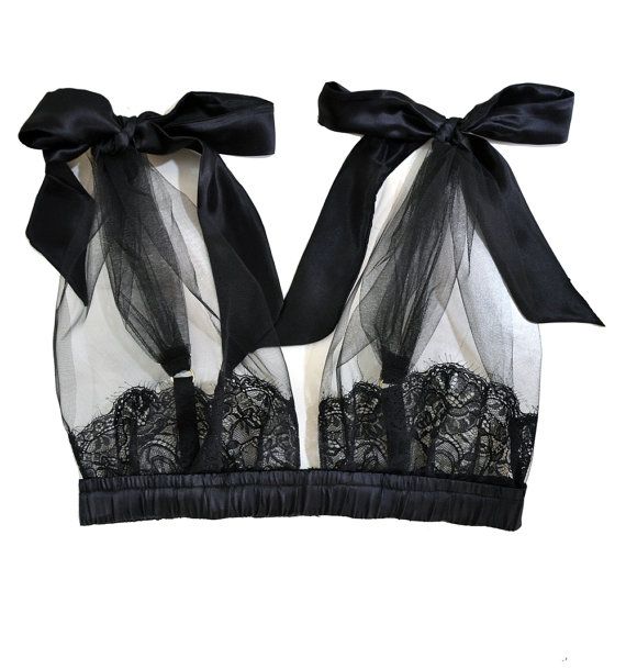 Hochzeit - BELLE Black Grecian Tulle Bra With Silk Satin Bows - Black Sleepwear Lingerie