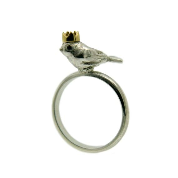 Wedding - Bird King Ring. Silver With Black Diamond Eyes And An 18ct Yellow Gold Crown