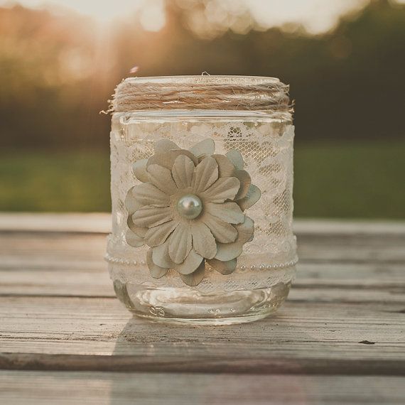 Mariage - Vintage Lace Wedding Vase, Guest Book Pen Jar, Or Candle. Barn Wedding, Rustic Wedding. Mint
