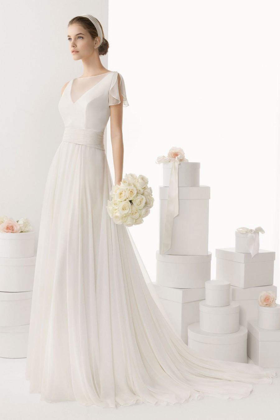 Hochzeit - Elegant Sheer V neck Brush Train Cheap Wedding Dress UK