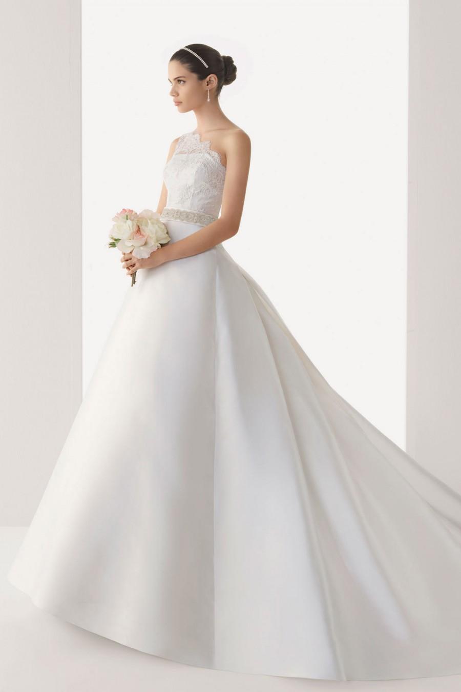 Simple Sheer One Shoulder Empire Satin Court Train Wedding Dress