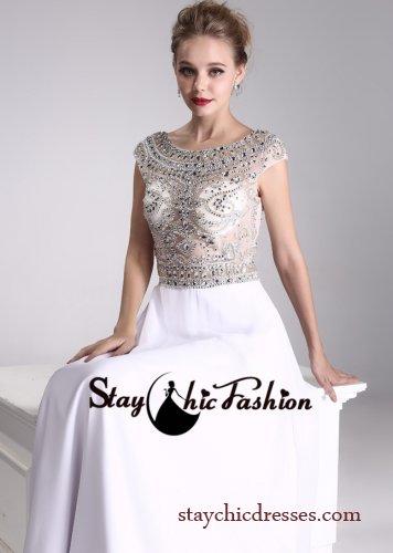 Hochzeit - Rhinestone Beaded Sheer Top White Long Scoop Neck Low Back Evening Dress
