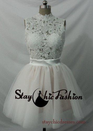 Mariage - White Floral Embellished Beaded Top Open Back Short Cocktail Dress