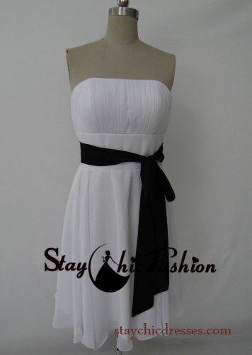 Hochzeit - White Short Strapless Ruched Top Bridesmaid Dress with Black Waistband