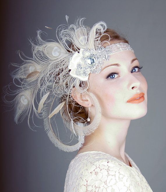 Mariage - Ivory Peacock Feather Flapper Headband