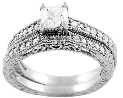 Wedding - Women's Tressa Collection Sterling Silver Square Cut CZ Prong Set Bridal Style Ring Set - Silver