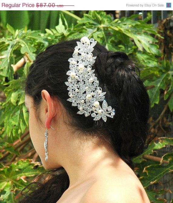 Wedding - SALE Vintage Style Crystal Bridal Hair comb, Pearl Bridal Haircomb, Swarovski Crystal Hair Comb Slide, Flower Rhinestone Hair