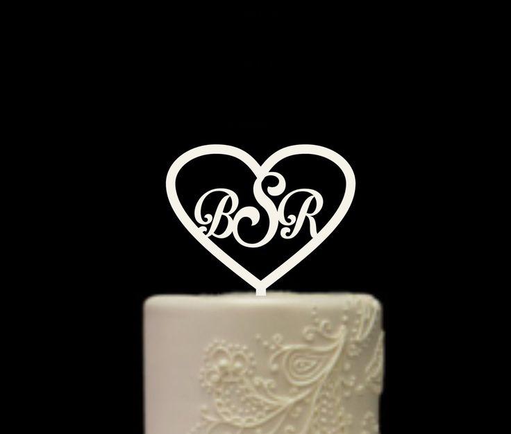 Mariage - Wedding Cake Topper Bride And Grooms Initials In A Heart, Acrylic Cake Topper