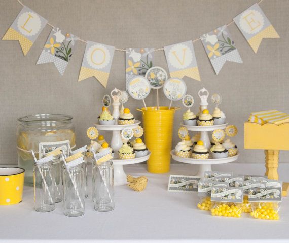 Свадьба - Bridal Shower Decorations - Printable - Yellow & Gray