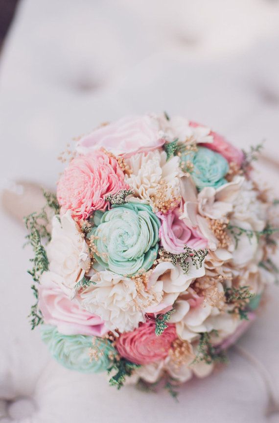 Hochzeit - Romantic Wedding Bouquet -Pink And Mint Collection, Keepsake Alternative Bouquet, Sola Bouquet, Rustic Wedding