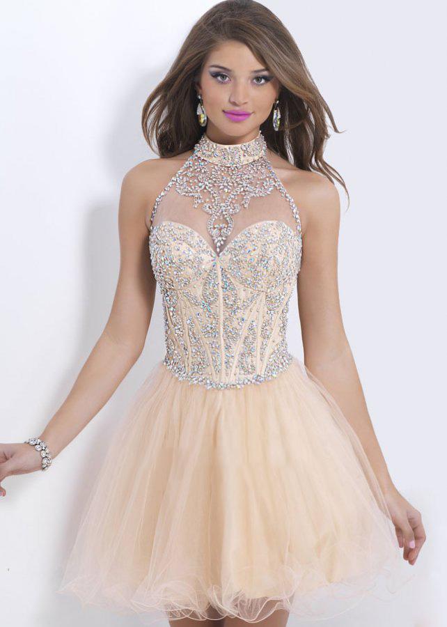 Mariage - Champagne Halter High Neck Jewels Illusion Homecoming Dress