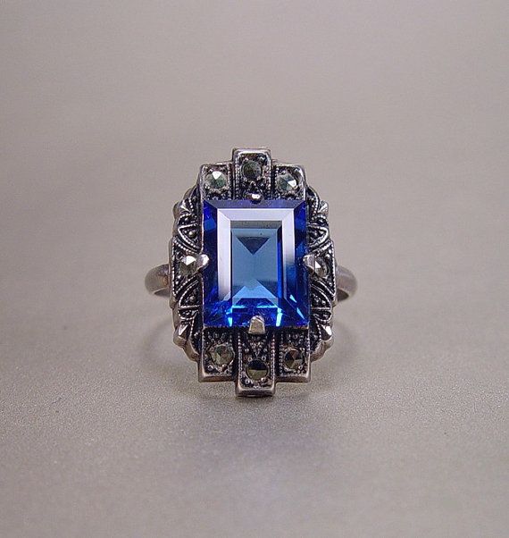 زفاف - Art Deco Sterling Silver Sapphire Blue Glass Ring Marcasites Vintage 1920s Jewelry