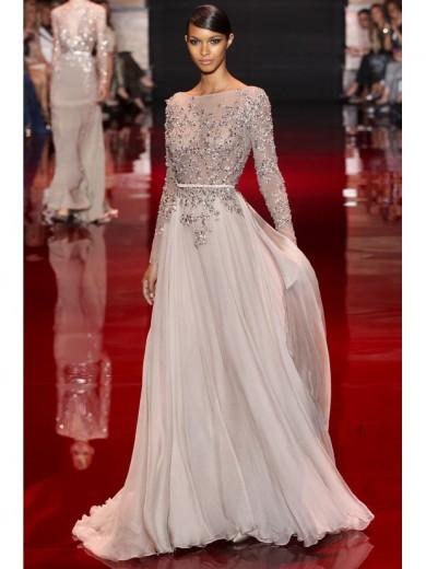 Wedding - A-line/Princess High Neck Long Sleeves Applique Floor-length Chiffon Dress - Formal Dresses