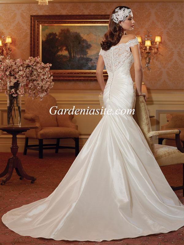 Свадьба - Mermaid/Trumpet Off-the-shoulder Court Train Appliques Shiny Crystals Satin Wedding Dress 2014