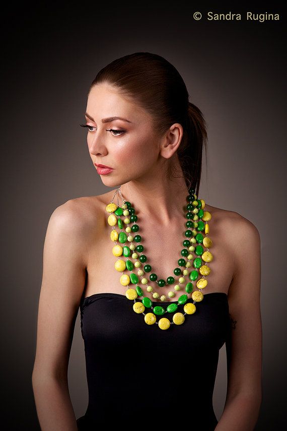 Hochzeit - Multi Strand Statement Necklace With Bright Yellow And Green Strands Of Howlite Turquoise Gemstones And Green Jade Gemstones