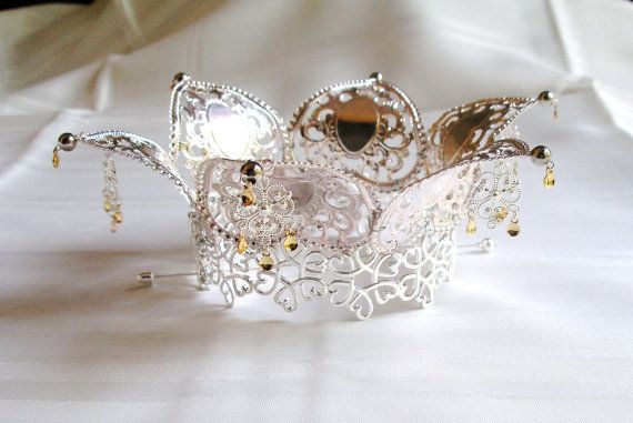 Wedding - Thea - Lovely Traditional Norwegian Solje Style Silver Plated Filigree Wedding Crown With Cloverleaf Ornaments