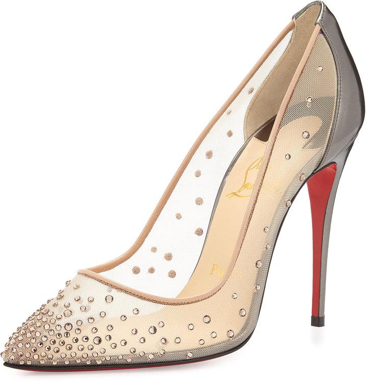 Mariage - Christian Louboutin Follies Crystal Mesh Red Sole Pump, Silver/Nude