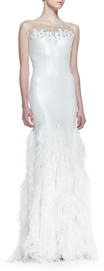 Hochzeit - Tadashi Shoji Sequin-Bodice Feather-Skirt Gown, White