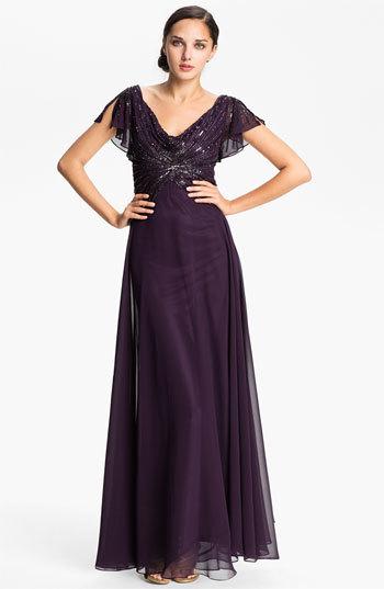 Mariage - J Kara Embellished Drape Bodice Chiffon Gown