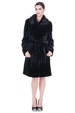 Wedding - Black faux mink cashmere with mink fur women knee-length coat