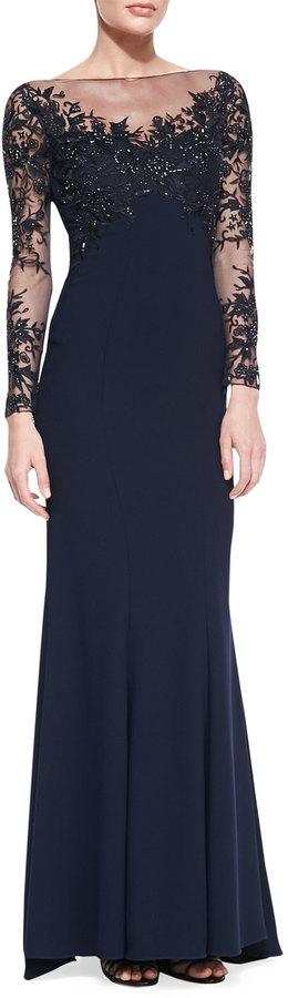 Mariage - ML Monique Lhuillier Embroidered-Sleeve & Bodice Gown, Navy