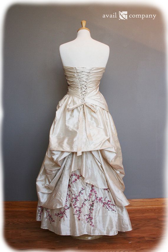 Hochzeit - Cherry Blossom Wedding Dress Pink And Brown On Pearl Silk Duppioni, Custom Made In Your Size