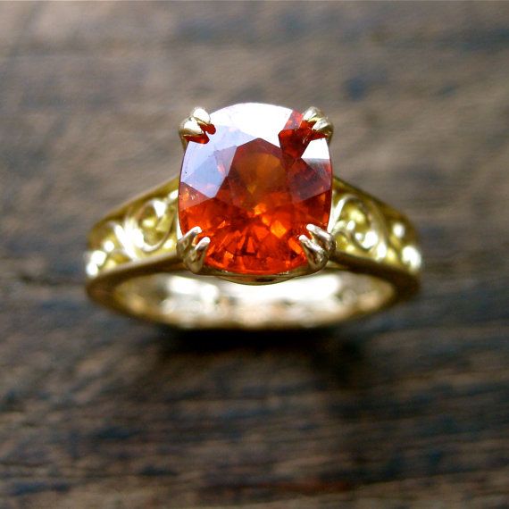 Hochzeit - Mandarin Orange Spessartite Garnet Engagement Ring In 18K Yellow Gold With Double Claw Prongs And Scrolls On Shank & Basket Size 6.5