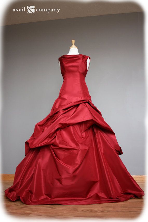 Hochzeit - Red Wedding Dress Ball Gown, Silk Taffeta, Custom Made To Order In Your Size