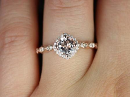 زفاف - Katya 14kt Rose Gold Morganite And Diamonds Kite Cushion Halo WITHOUT Milgrain Engagement Ring (Other Metals And Stone Options Available)