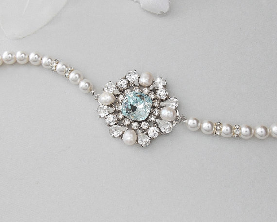 Wedding - Pearl Bridal Bracelet, Wedding Pearl Bracelet, Swarovski Pearls, Rhinestone Bracelet, Vintage Style Bracelet, Something Blue - CAMILLA -
