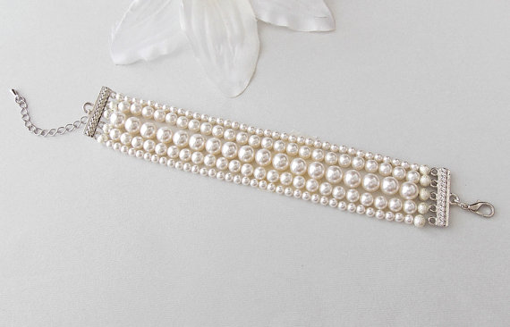 زفاف - Pearl Cuff Bracelet, Bridal Pearl Bracelet, Wedding Pearl Bracelet, Swarovski Pearls, Vintage Wedding, Gatsby Bracelet - VICTORIA