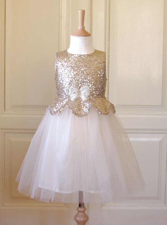 Свадьба - Pale Gold Flower Girl Dress Wedding Winter Bridesmaid Communion Christmas Sparkle Tulle Sequin Pageant Party Bridal White
