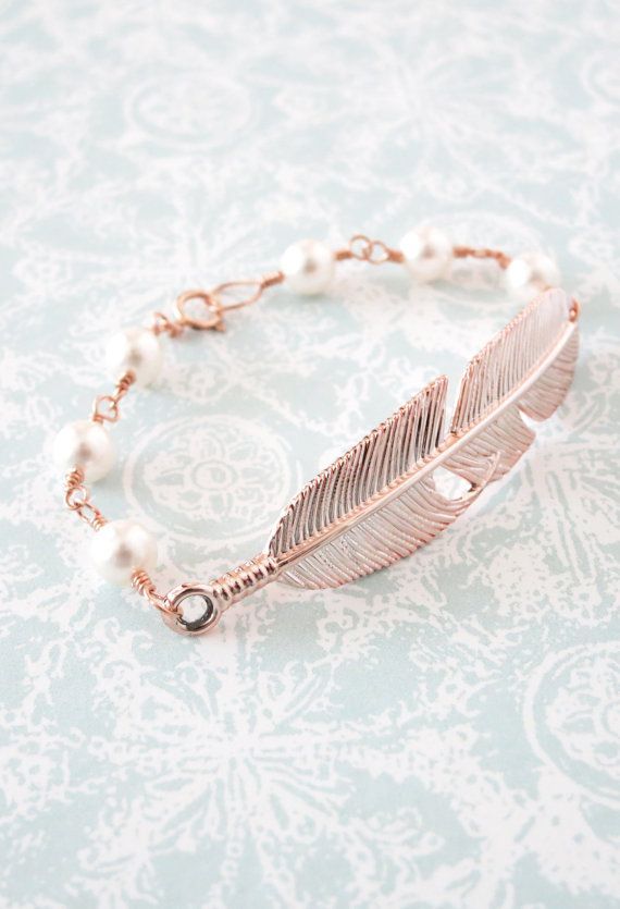Wedding - Rose Gold Feather Bracelet - Swarovski Pearl Beaded, Rose Gold Filled Chain, Gifts For Her, Garden, Bird Feather, Everyday Pretty