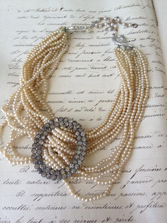 زفاف - One Of A Kind Antique Multi Strand Pearl And Rhinestone Buckle Necklace