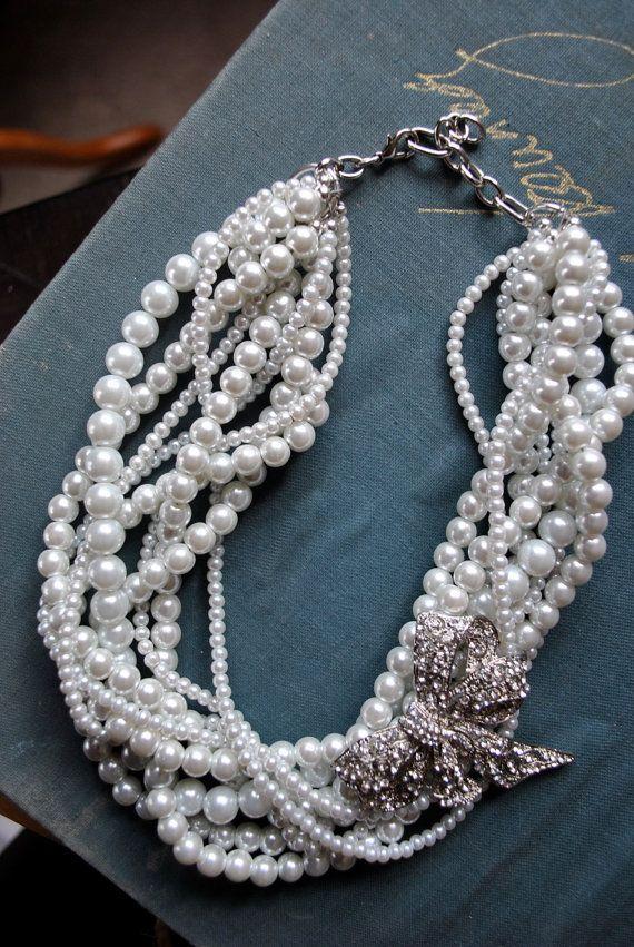 Mariage - Multi Strand Pearl Twist Statement Necklace With Rhinestone Bow Brooch