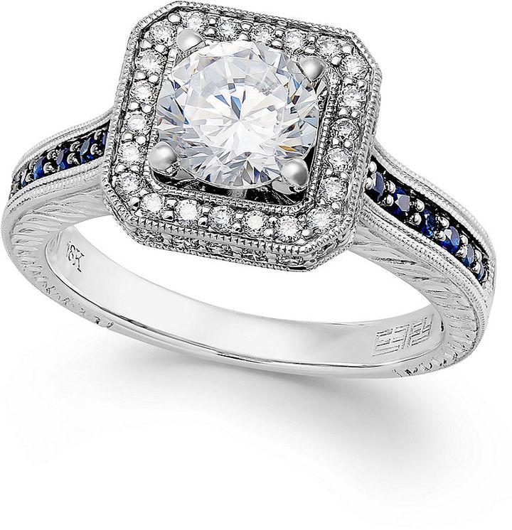 زفاف - Effy Bridal Certified Diamond (1-1/3 ct. t.w.) and Sapphire (1/4 ct. t.w.) Engagement Ring in 18k White Gold