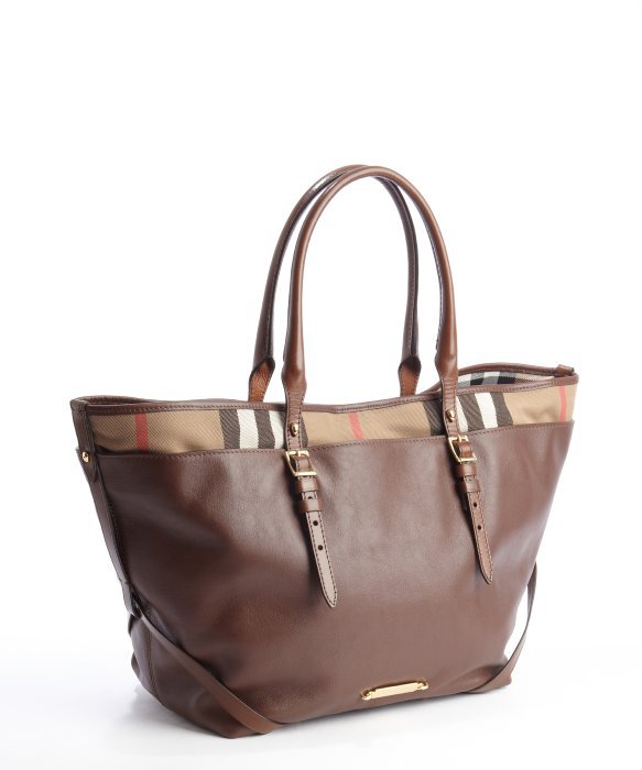 Hochzeit - BURBERRY Brown Soft Leather and Canvas Mixture Flexible Handles Tote Bag