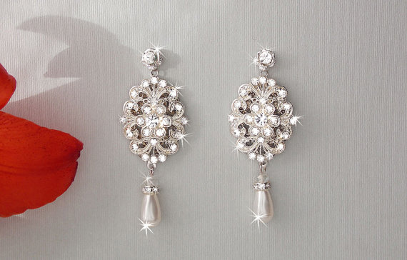 Wedding - Bridal Earrings - Pearl Wedding Earrings, Vintage Dangle Earrings, Bridal Jewelry, Wedding Jewelry, Bridesmaid Earrings, Old Hollywood -AVA