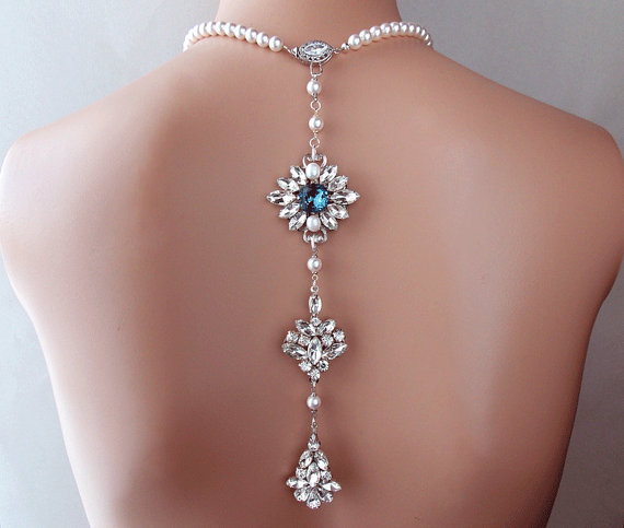 زفاف - Backdrop Pearl Necklace - Crystal Necklace, Wedding Necklace, Pearl Necklace, Bridal Jewelry, Something Blue, Statement Necklace