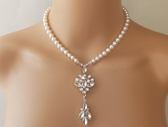 Wedding - Wedding Necklace, Bridal Necklace, Statement Necklace, Swarovski Crystal and Swarovski Pearls, Vintage Style Brooch - PENELOPE