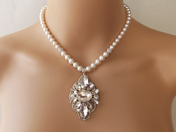 زفاف - Pearl Wedding Necklace, Bridal Necklace, Statement Necklace, Crystal and Swarovski Pearls, Vintage Style Brooch - PENELOPE