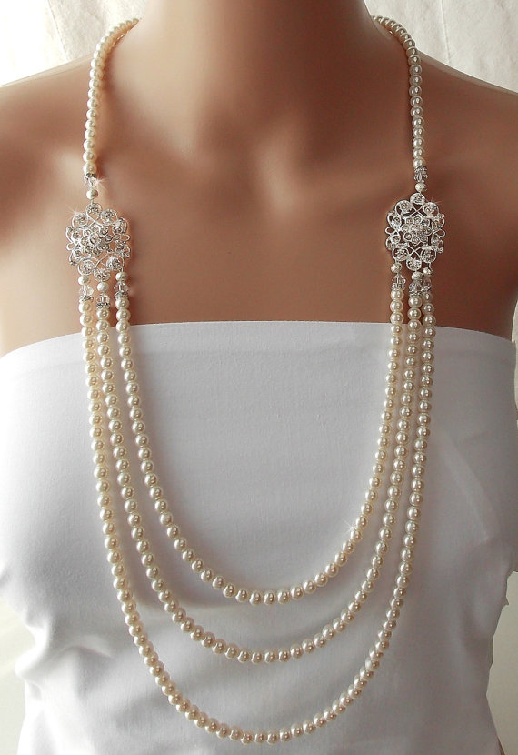 Hochzeit - Gatsby Necklace, Wedding Necklace,1920's, Bridal Necklace, Statement Necklace, Crystals, Flapper, Pearl Necklace, Wedding Jewelry - LEANORA