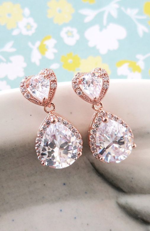 زفاف - Rose Gold Teardrop Luxe Cubic Zirconia Heart Earring - Gifts For Her, Earrings, Bridal Gifts, Drop, Dangle, Pink Gold Weddings