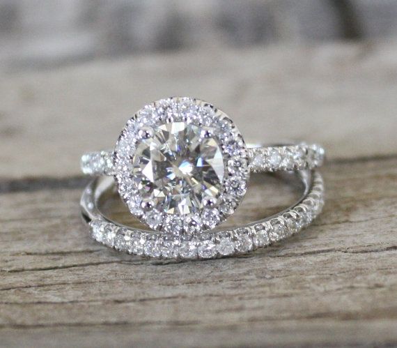 Hochzeit - SET - 7mm Moissanite Diamond Halo Engagement Ring In 14K White Gold