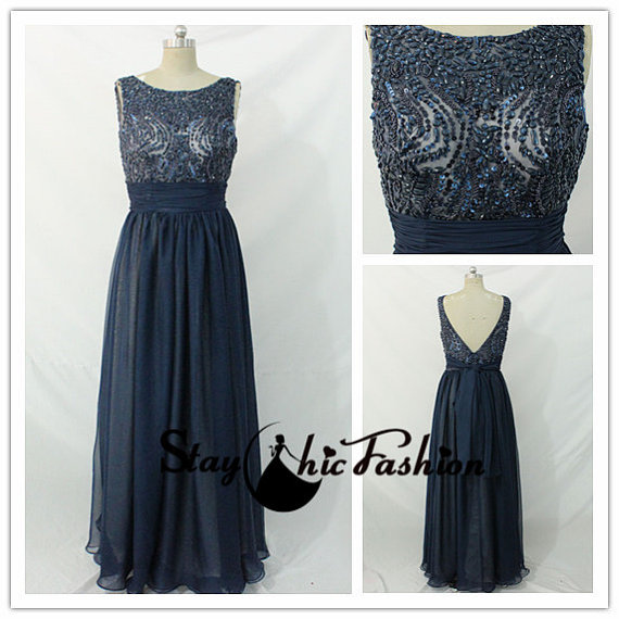 Mariage - Navy Long Rhinestone Beaded Illusion Top Scoop Neck Low Back Prom Dress