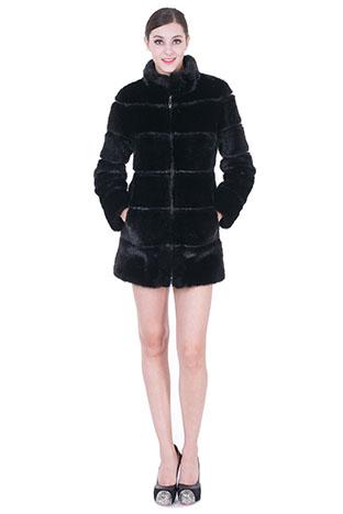 Wedding - Black faux mink fur with leather stitching women hip-length coat